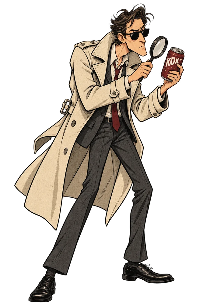 An illustrated detective inspecting a generic KOx soda can through a magnifying glass