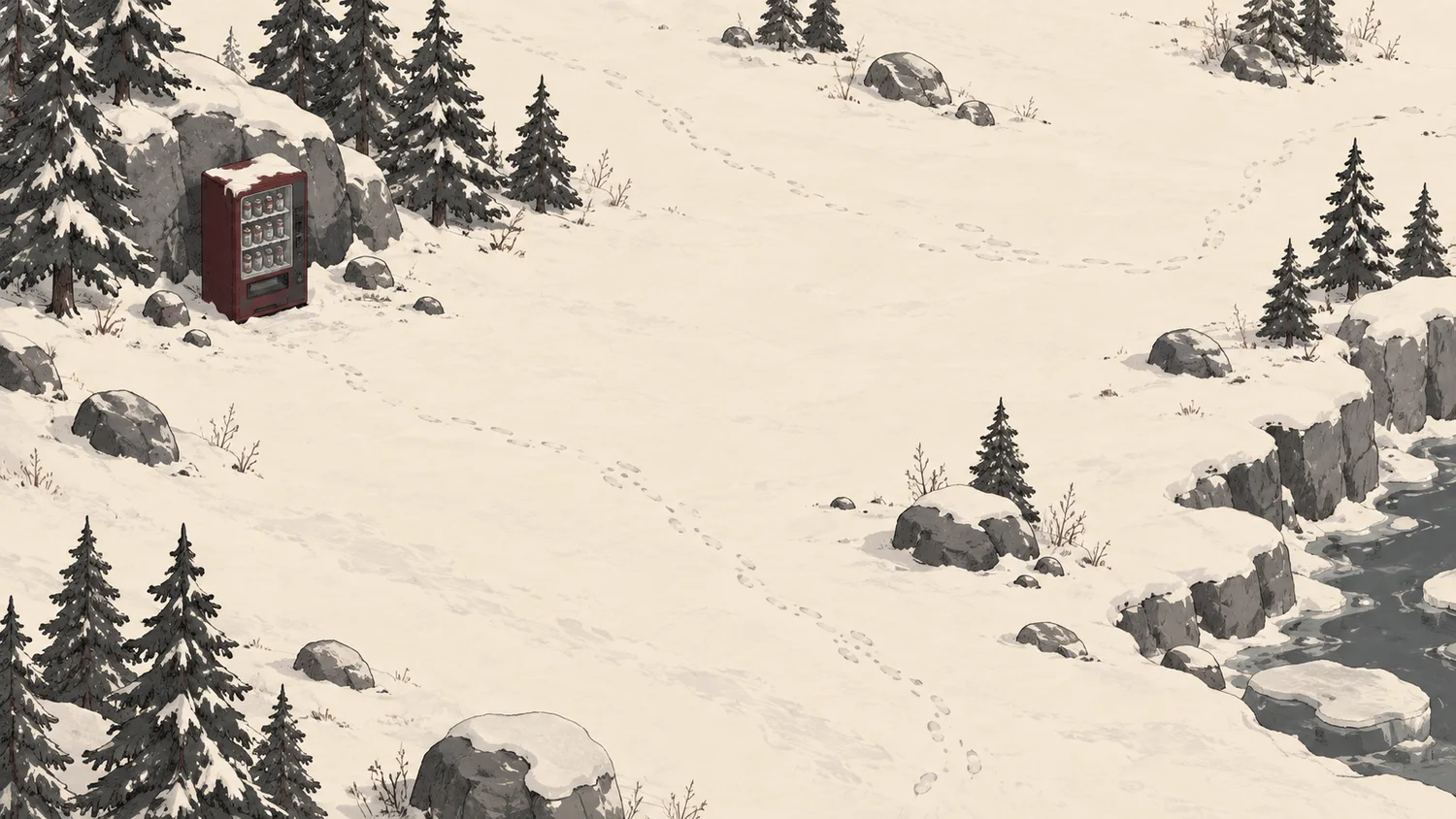 A snowy wilderness with a mysterious red vending machine